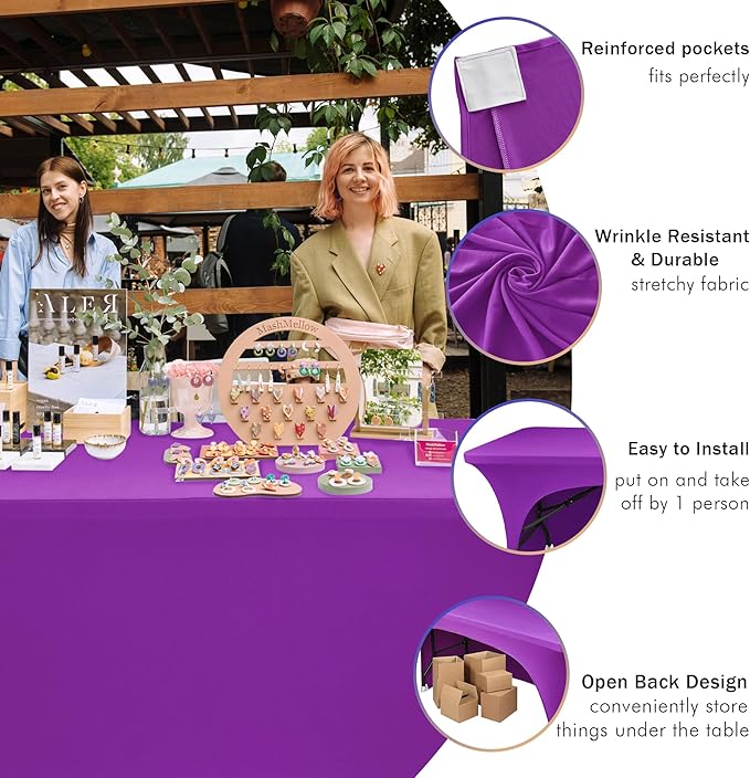 Nasitos 2 Pack Spandex Purple Tablecloths for 6 Foot Rectangle Table-Open Back Valentine's Stretch Tablecloths for 6 Foot, Washable and Wrinkle Resistant for Wedding, Parties, Buffet, Baby Shower
