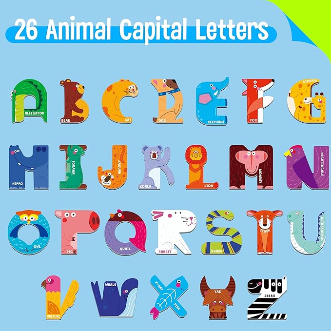 Magnetic Uppercase Letters, 26 Pieces Letter Magnets Educational Learning Tool Alphabet and Animal Recognition for Kids Toddlers 3 4 5 Years Old