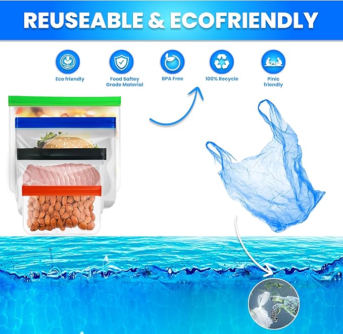 10-Pack Reusable Silicone Food Storage Bags – BPA-Free, Leakproof Ziplock Set | Includes 3 Snack, 4 Sandwich & 3 Gallon Sizes | Eco-Friendly & Freezer-Safe for Meal Prep & Food Storage