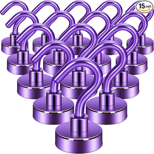 Neosmuk Magnetic Hooks, Heavy Duty 30lb+ Strong Magnet Hook for Cruise Cabins, Cruise Ship Essentials for Hanging, Metal Wall Refrigerator Hangers (Purple, 15 Pack)