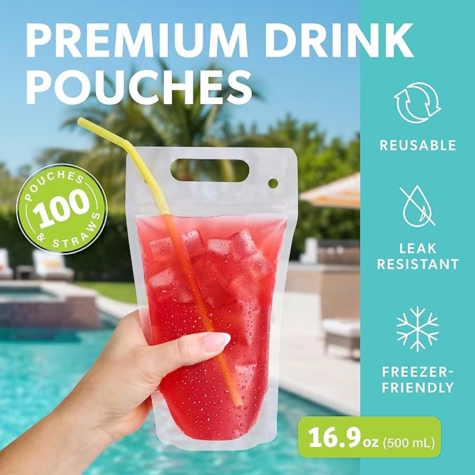Mrs. Sippy Clear Drink Pouches for Adults - 100 Reusable Plastic Drink Bags with Straws - 17 oz Freezable Juice, Smoothie, and Alcohol Pouches