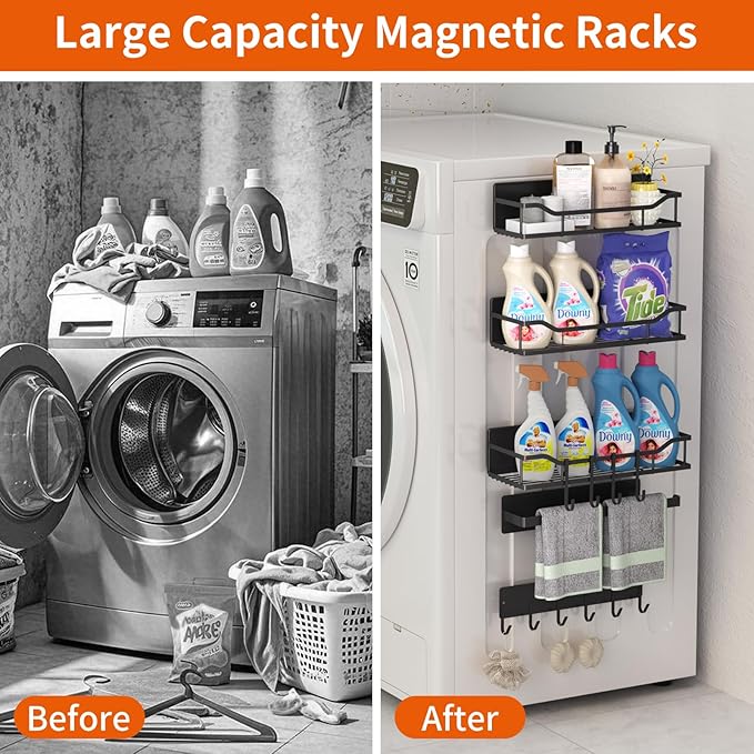 Magnetic Spice Rack, Multifunctional Magnetic Shelf for Washing Machine, Refrigerator, Microwave, and Any Metal Surface, Powerful Magnetic Shelves Include Magnetic Paper Towel Holder (5 pcs - Black)