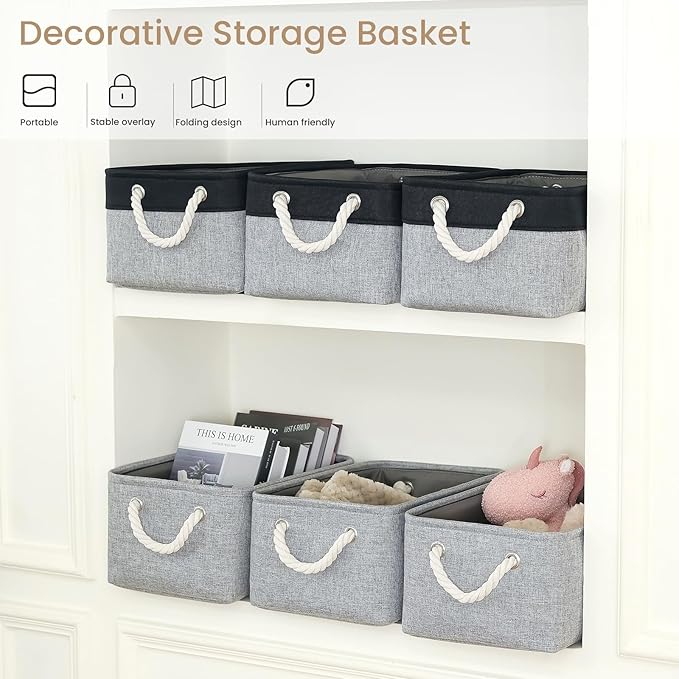 VQRTEXA Storage Baskets for Shelves 13.8x9.8x6.7 Inch, Foldable Fabric Storage Bins with Handles, Small Storage Baskets for Organizing Closet, Bathroom, Office, Home Organization (1-Pack, Gray)