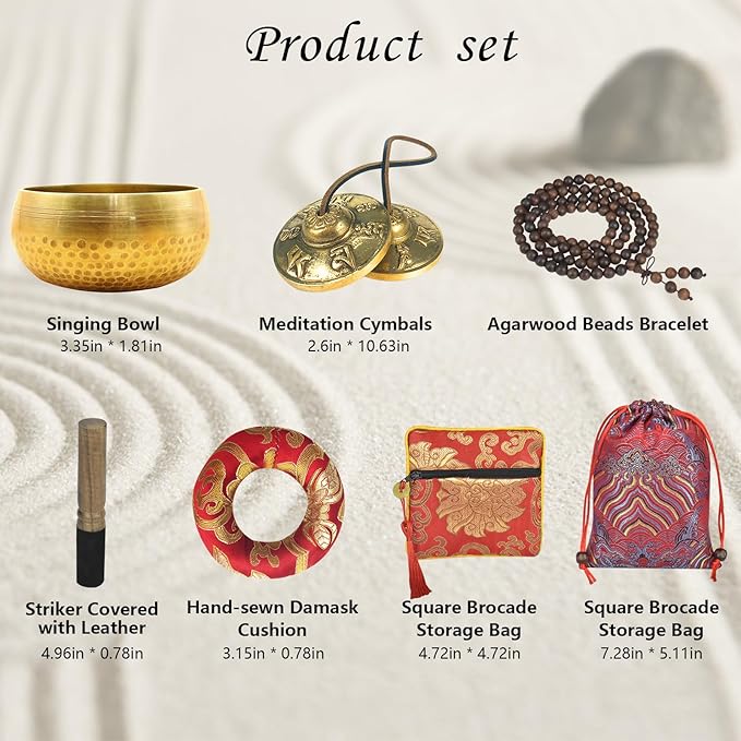 Artcome 7PCS Tibetan Meditation Set - Tibetan Singing Bowl & Tibetan Tingsha Cymbals Bells Handmade in Nepal for Meditation, Yoga, Tranquility, Relaxation, Chakra Healing, Stress Relief & Mindfulness