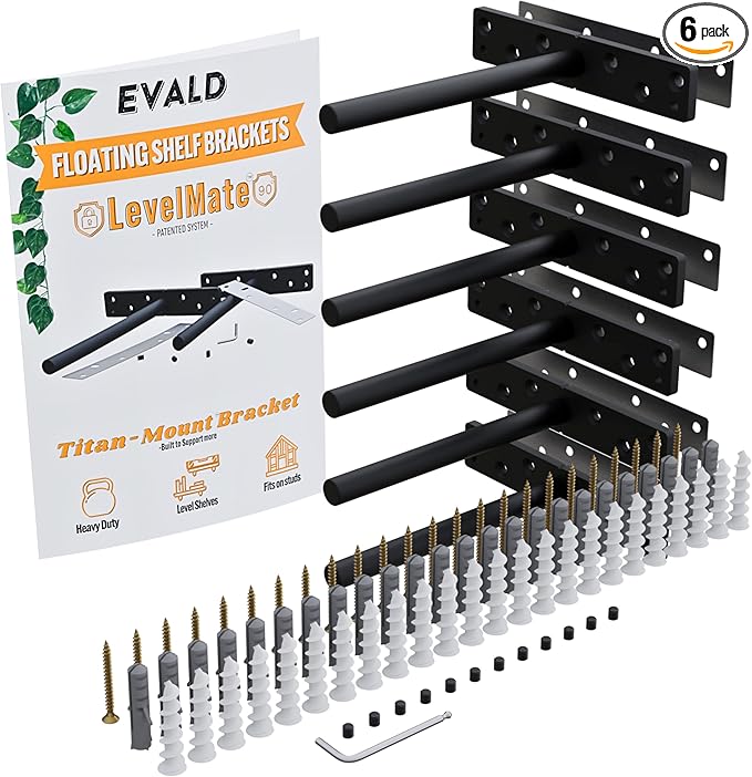 EVALD LevelMate™ 6" Titan-Mount Floating Shelf Brackets | Heavy Duty Hidden Black Carbon Steel Wall Supports for Wood Mantel, Bookshelf, Kitchen & Office Shelving | Invisible Bracket Hardware (6 Pack)