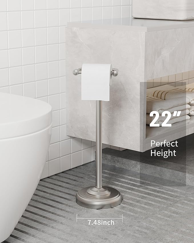 WZKALY Toilet Paper Holder Stand, Brushed Nickel Toilet Paper Holder Free Standing, Post Pivoting Design & Stable Weighted Base SUS304 Stainless Steel for Bathroom (Mega Roll)