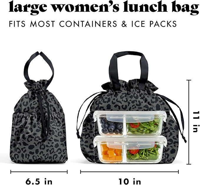 Fit & Fresh Cromwell Drawstring Lunch Bag for Women, Complete Lunch Set with 2 Containers, Stain-Resistant, Leak-Resistant, Back to School Essential, Teacher Lunchbox, Black Cheetah