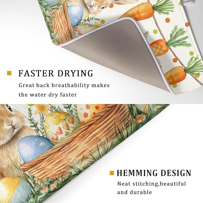 Giwawa Easter Bunny Dish Drying Mat Eggs Carrot Dishes Drainer Pad Absorbent Reversible Dish Rack Mat Protector for Kitchen Countertop 18x24 Inch