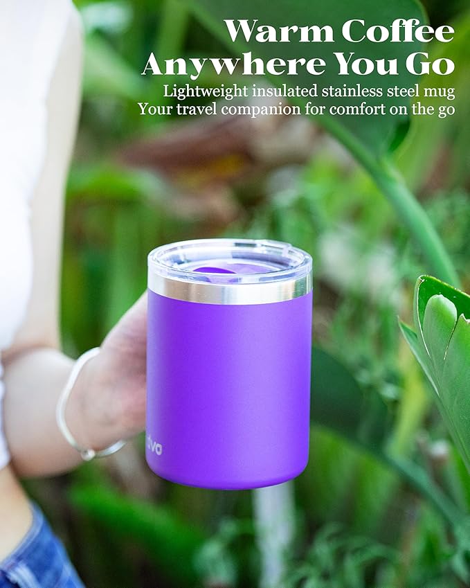 12oz Insulated Coffee Mug with Lid – Includes Two Lids, Stainless Steel Coffee Travel Mug with Handle, Double Wall Vacuum Insulated Camping Mug for Home, Office & Outdoor, Dark Purple