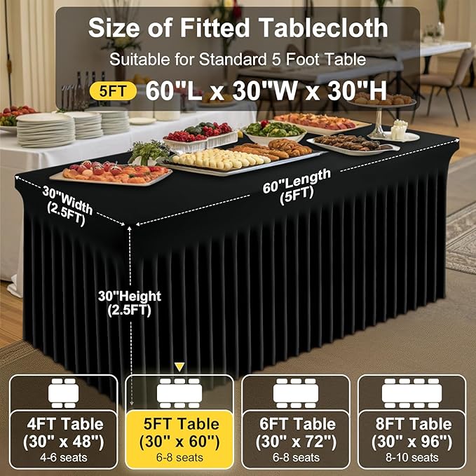 Smiry Spandex Tablecloth 2 Pack, Elastic Fitted Stretch Tablecloth for 5FT Rectangle Tables, Waterproof Washable Table Cover Skirt for Outdoor, Wedding, Banquet & Parties (Black, 60Lx30Wx30H Inch)