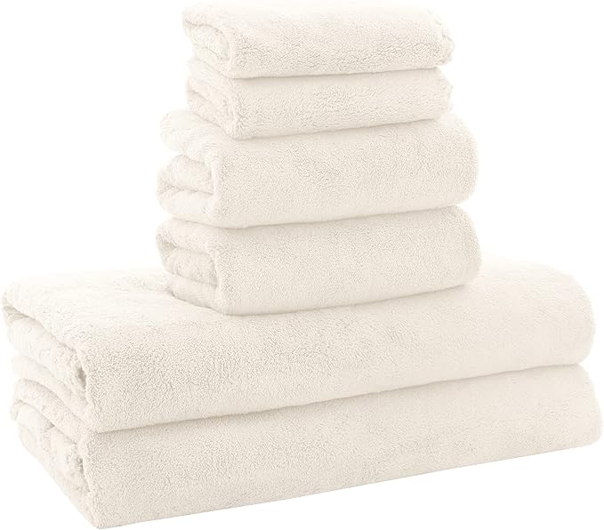 MOONQUEEN Ultra Soft Towel Set-Quick Drying - 2 Bath Towels 2 Hand Towels 2 Washcloths-Microfiber Coral Velvet Highly Absorbent Towel for Bath Fitness,Bathroom,Sports,Yoga, Travel(Cream, 6 Pcs)