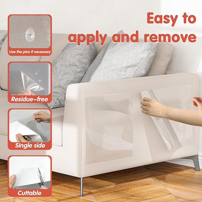 Secopad 18 PCS Large Cat Scratch Furniture Protector, Transparent Couch Protector from Cat Claws, Single-Sided Self Adhesive Anti Pet Deterrent Sofa Cover, 17IN