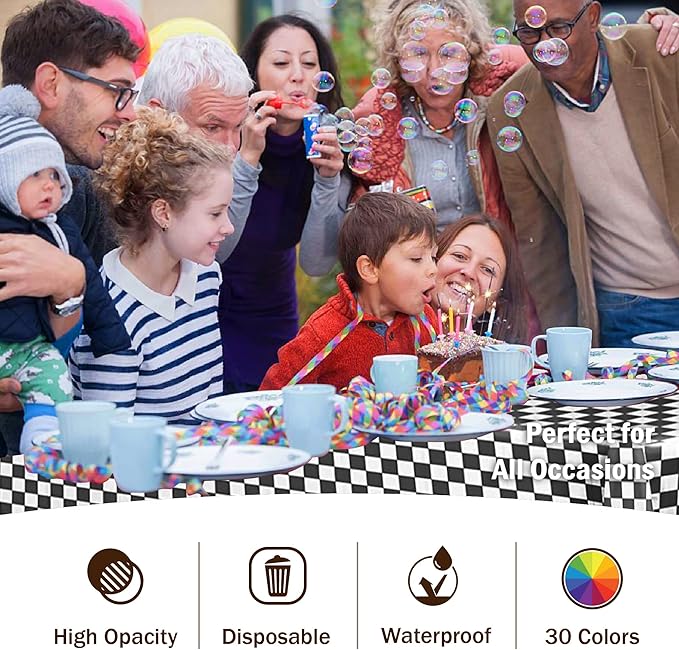 Party Solids Pack Of 12 - Premium Plastic Tablecloth 54 Inch x 108 Inch Rectangle Table Cover - Checkered