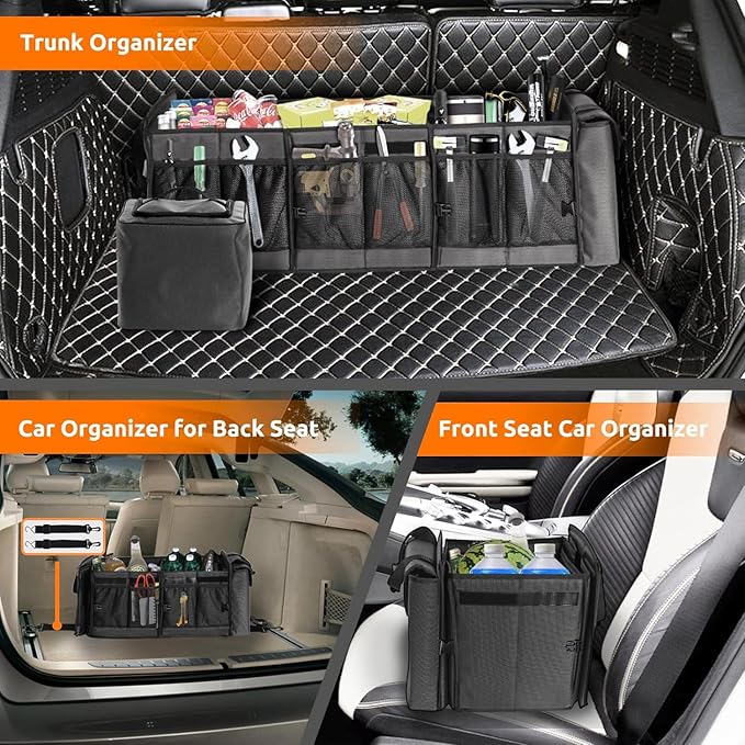 EAROND Large Trunk Organizer with Portable Leakproof Cooler Bag, Foldable Cover, Adjustable Securing Straps, Collapsible Trunk Organizer for SUV Car Truck Sedan (4-in-1 with Cooler)