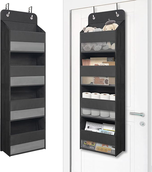 Over Door Organizer with 4 Large Capacity Pockets, Heavy Duty Hanging Organizer Storage for Closet Bathroom Nursery Bedroom Dorm, Toys Cosmetics Sundries and Baby Essentials, Black