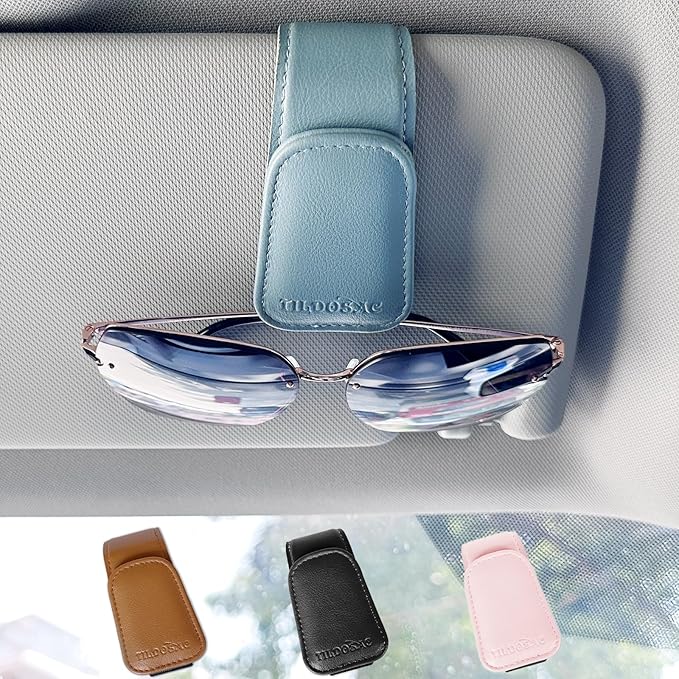 2 Pack Sunglasses Holder for Car Visor, Leather Magnetic Sunglass Holder for Car with Clip (Blue)