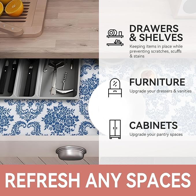 RAY STAR Shelf Liner, Non Adhesive Vintage Navy Blue Floral Kitchen Cabinet Liner for Pantry Drawer Vanity, Strong Grip Non Slip, Shelf Liners for Kitchen Cabinets Cupboard 18 Inch x 8 FT (3 Rolls)