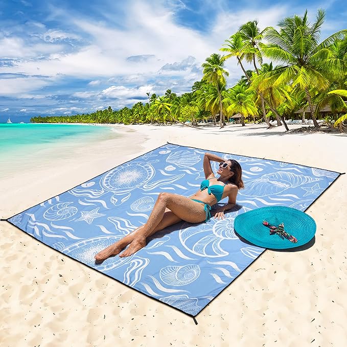 WIWIGO Beach Blanket Waterproof Sandproof Beach Mat 79" X 83"/10'x9' for 2-8 Adults Quick Drying Outdoor Picnic Mat Beach Accessories for Travel, Camping, Hiking