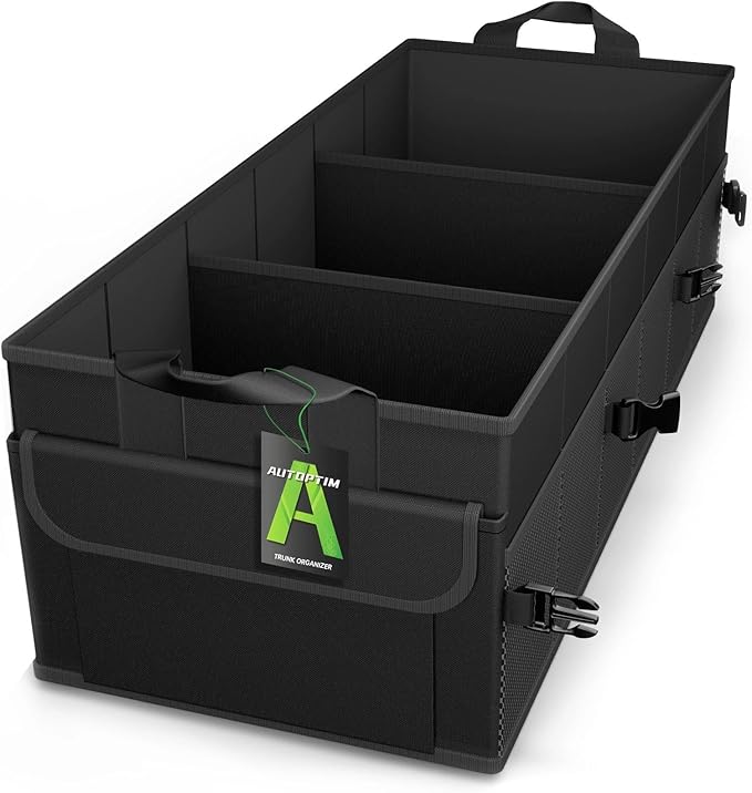 AUTOPTIM Car Trunk Organizer - 85L Collapsible Car Organizer with Non Slip Bottom for Groceries, Trunk Storage with Base Panel for SUV Sedan Van, 3 Compartments (Black, X-Large)