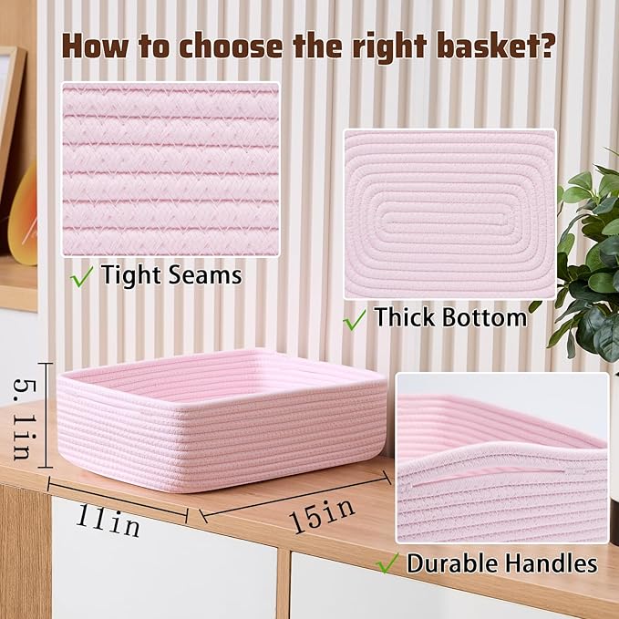 MiniArk Large Shallow Organizing Baskets 15x11x5.1 Inches - Rope Woven Storage Bins for Bathroom, Shelves, Cube Closet, Light Pink 4 Packs