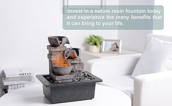 Indoor Fountain 3-Bowl Rockery Soothing Sound Tabletop Fountains Home/Office Decor with Natural River Rocks LED Lights Automatic Watering Pump(22044A)