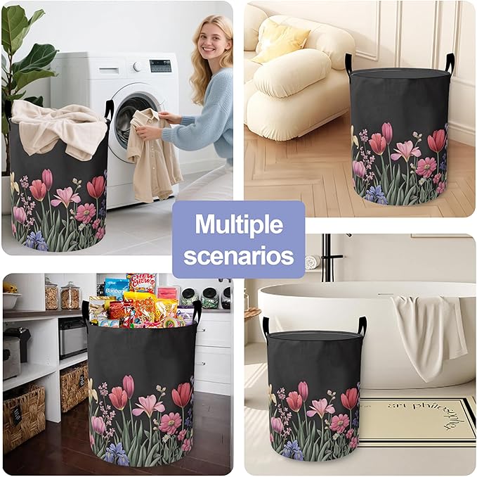Spring Flowers Laundry Hamper Large Canvas Fabric Lightweight Storage Basket/Dirty Clothes Collapsible Waterproof for College Dorms, Boys and Girls Bedroom,Bathroom
