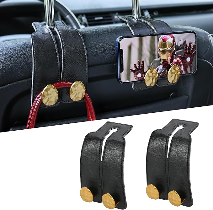 URIZZD 2PCS Leather Car Seat Hooks for Headrest, Vehicle Hanger Storage Organizer Universal for Handbag Purse, Car Accessories Gift (Black-Gold)