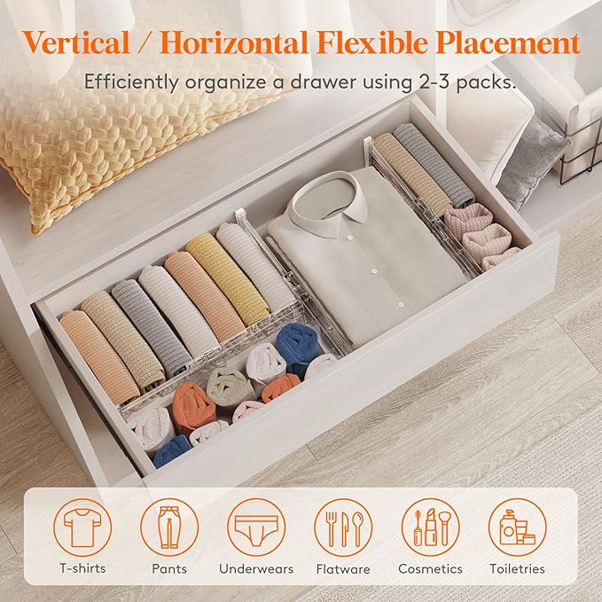 Lifewit 8 Pack Drawer Dividers 4" High, 11-17" Adjustable Dresser Drawer Organizers for Clothes, Expandable Dresser Separators in Bedroom/Bathroom/Kitchen/Vanity/Office Organization and Storage,Clear