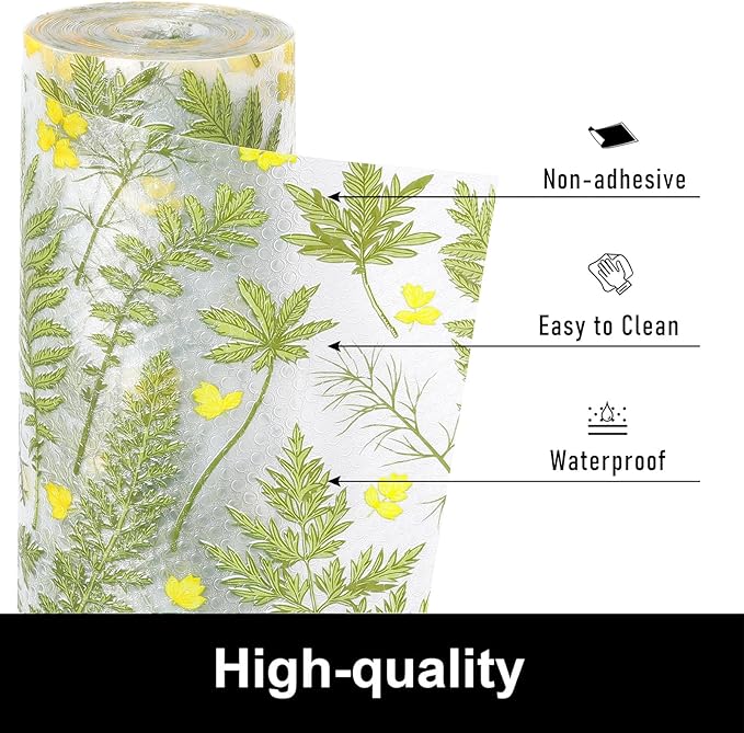 Cooyes Botanical Shelf Liner for Kitchen Cabinets Refrigerator Liners Waterproof & Oil-Proof Kitchen Cupboard Liner Drawer Mats EVA Material Non Adhesive Fridge Liner for Shelves（11.8" W x 236" L）