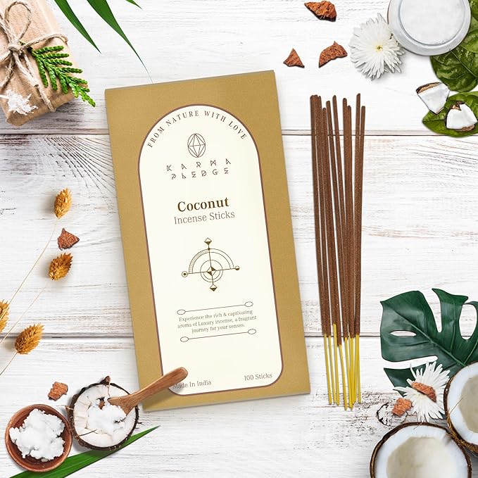 Coconut Incense Sticks, Organic Hand Dipped 100 Sticks with Natural Herbs & Aromatic Ingredients, Burn Time 45 to 60 Minutes, Incense for Positivity, Yoga, Meditation, Relaxation, Spiritual Gift