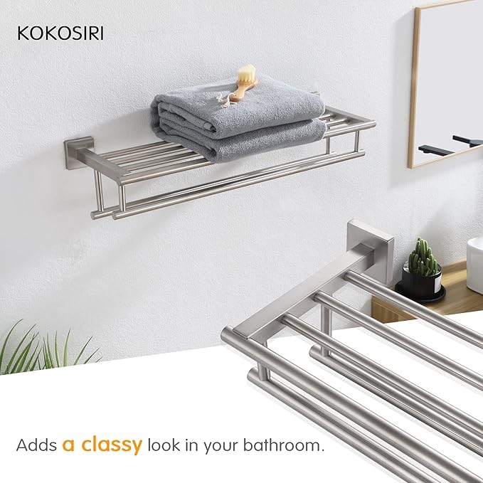 KOKOSIRI 24 Inch Towel Shelf with Double Towel Bars Bathroom Towel Rack Towel Holder Wall Mounted SUS 304 Stainless Steel, Brushed Nickel, B6005BR-L24