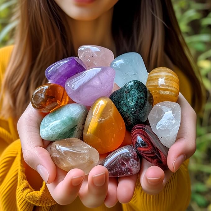Polished Stone Set Mixed Crystals, 1.2" - 2.5 lbs, 25 Types of Extra Large Size Tumbled Gemstones and Crystals Bulk for Healing, Reiki, Meditation, Witchcraft