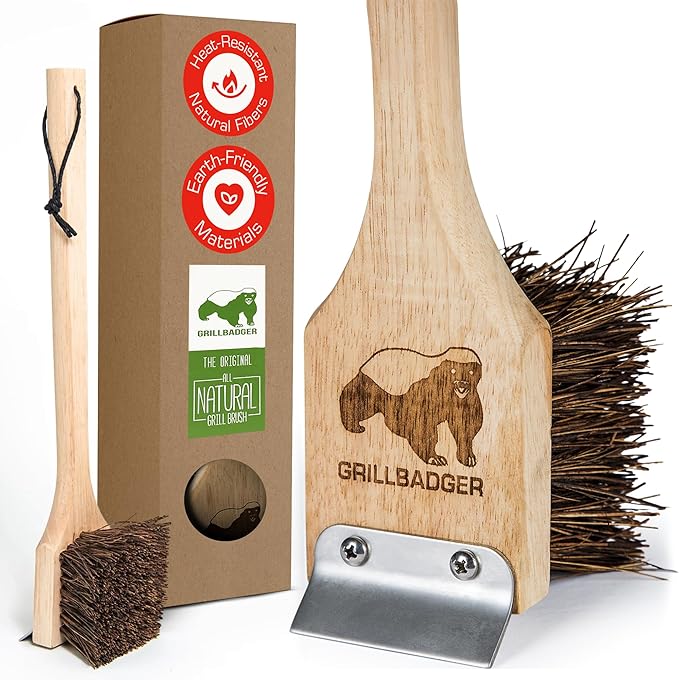 The Original Non Metal Grill Brush for Outdoor Grill | High Temp Heat Resistant BBQ Cleaning Brush | Long Lasting Wooden BBQ Cleaner with Scraper, Safe for Cast Iron Grates - Natural Wood