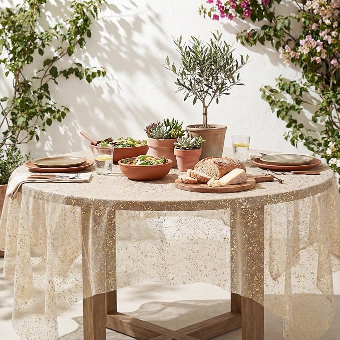 Horaldaily Apricot Gauze Tablecloth 60x84 Inch Rectangular, Golden Sequin Glitter Metallic Foil, Sheer Tulle Cheesecloth for Wedding Baby Shower Ceremony Birthday