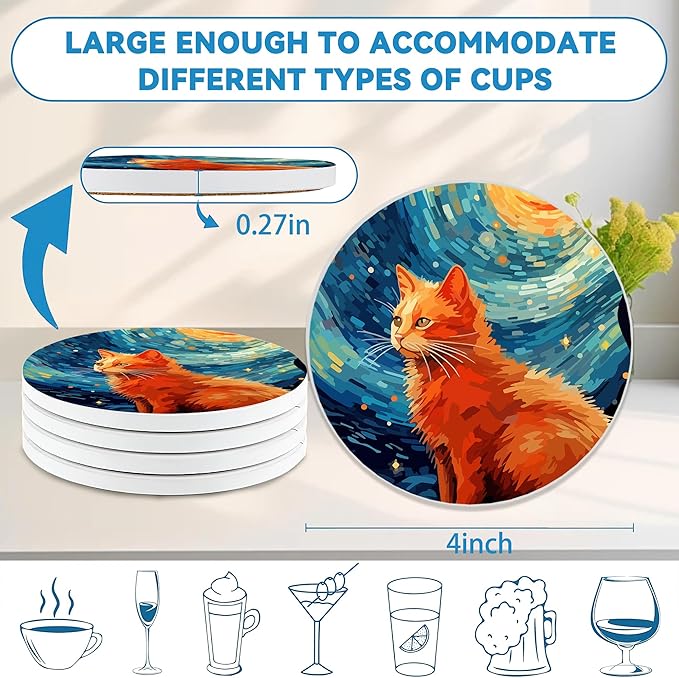 Starry Night Cat Coasters Set of 4, Round 4" Absorbent Ceramic Stone Coasters with Cork Base, Cute Table Home Decor, Ideal Gifts for Women Men