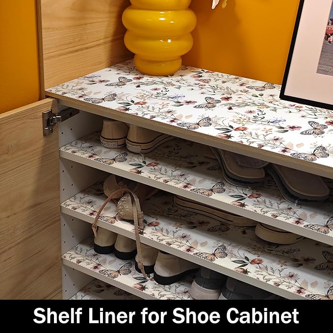 Floral Shelf Liners 16IN x 10FT Non Adhesive and Strong Non-Slip Shelf and Drawer Liners for Kitchen Cabinet Wire Fridge, Waterproof Shelf Drawer Liner,Easy to Clean