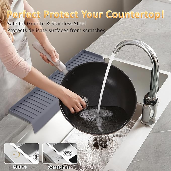 AyNirser Sink Edge Protector with Suction Cup 4"x24", Silicone Sink Splash Guard for Kitchen & Bathroom, Protect Countertop from Scratches, Stains, for Stainless Steel Granite Quartz-Grey