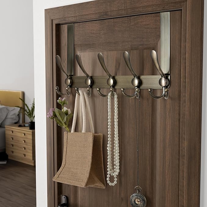 Dseap Over Door Hook 2.0 - Upgraded Version - Simple-Assembly, Strong, Heavy-Duty Stainless Steel 5-Tri-Hook Over The Door Hanger Rack, SimpleStrong Series, Bronze
