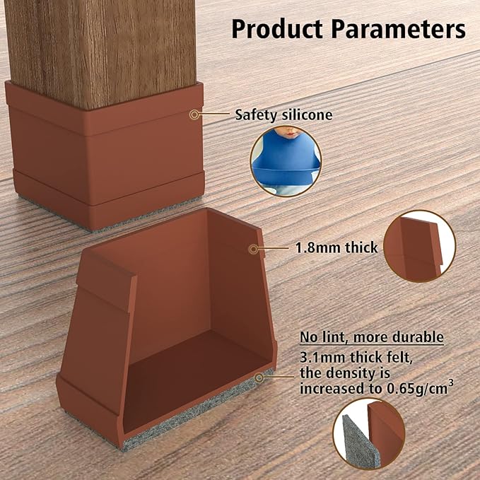 16 Pcs Square Chair Leg Protectors for Hardwood Floors, Silicone Felt Furniture Pads Non-Slip, Free Moving Table Leg Covers, Chair Protectors for Wooden Floors. Brown