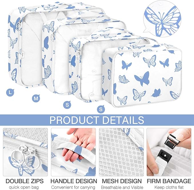 KPX 8 Set Packing Cubes for Travel, Luggage Packing Organizers Accessories Large Toiletry Bag for Clothes Shoes Cosmetics (8Set-Butterfly)