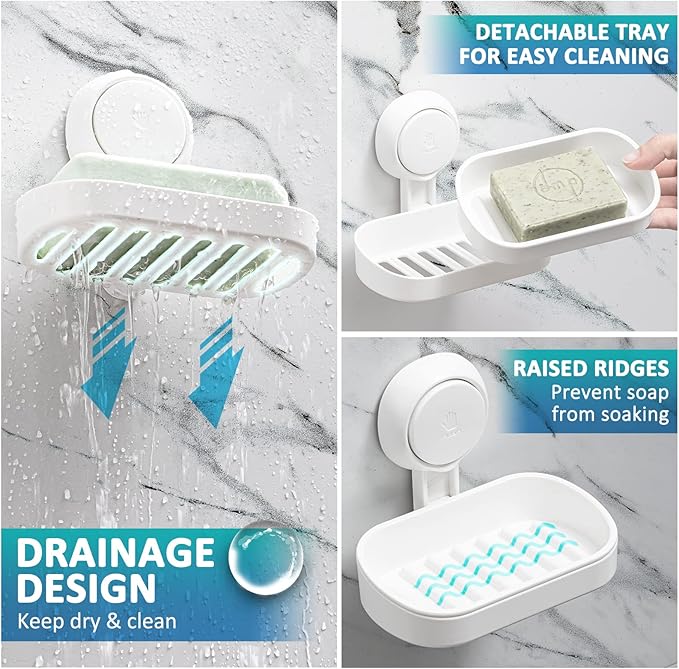 TAILI Suction Cup Soap Holder 2 Pack, Plastic Vacuum Suction Bar Soap Dish for Shower Wall Mounted Drill-Free, Bathroom, Tub, Kitchen Sink, Removable, Universal Kitchen & Bathroom Shower Accessories, White