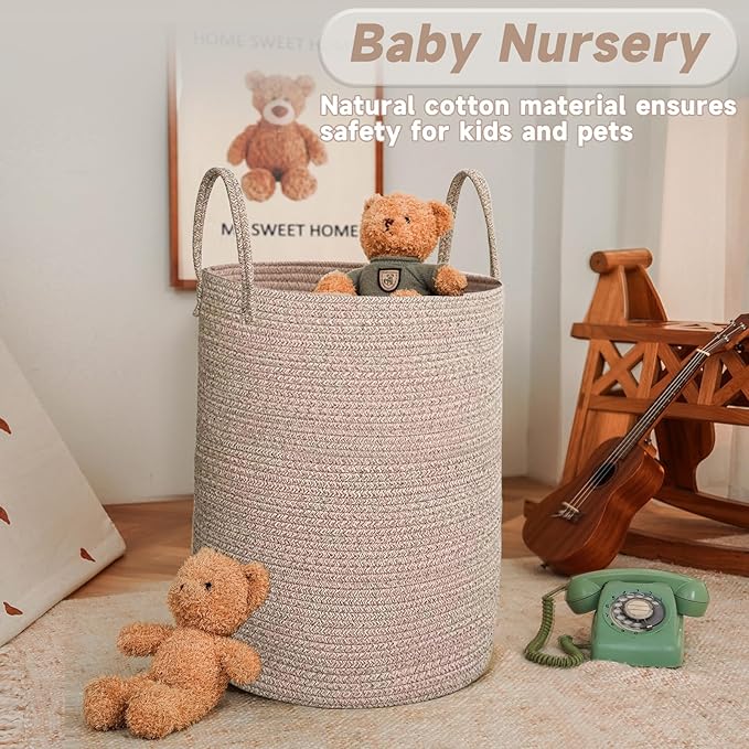Large Woven Laundry Basket Hamper, 60L Cotton Rope Storage Bin for Blankets, Toys, and Clothes, Decorative Tall Nursery Hamper for Living Room, Baby Nursery, Bathroom, and Bedroom, Oatmeal