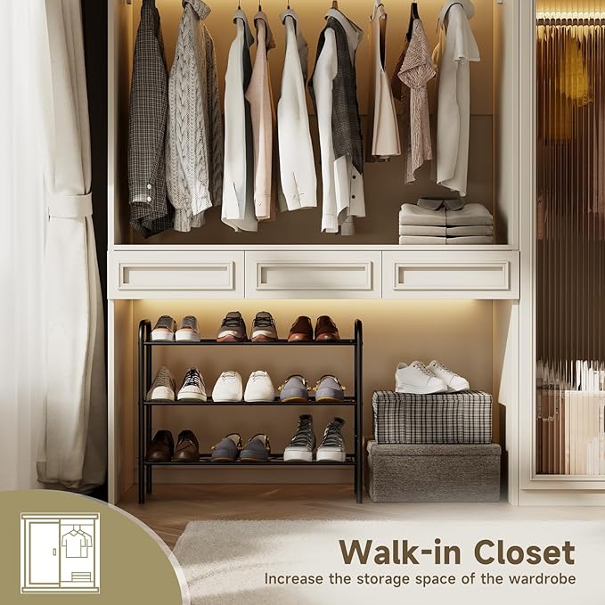 3-Tier Metal Shoe Rack, Free Standing Shoe Storage Rack for Entryway, Closet and Hallway (Black, 3-Tier-Short)
