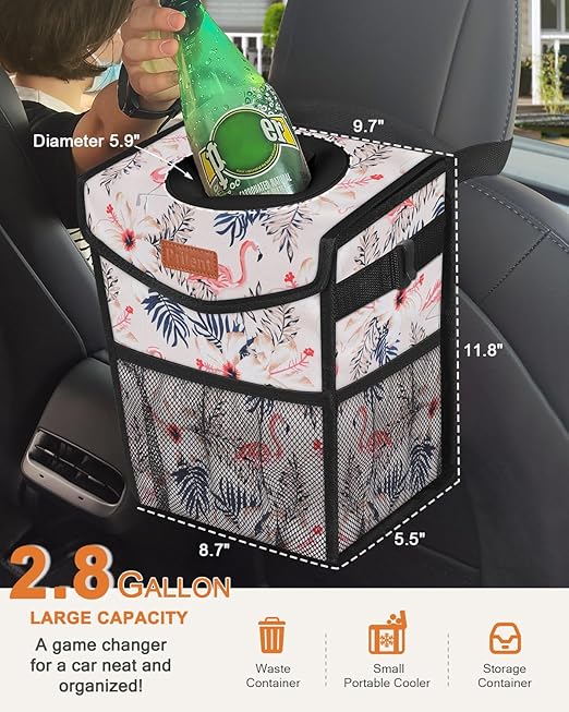 Pritent Car Trash Can with Lid, Cute Leakproof Car Trash Garbage Bag, Hanging Vehicle Trash Bin, Small Portable Automotive Garbage Cans Organizer for Back/Front Seat/Console (2.8 gal, Flamingo Print)
