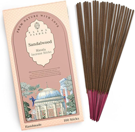 Incense Sticks, Sandalwood Incense, Pack of 100 Stick, Hand Rolled Aromatic Masala Made with Natural Ingredients, 45-60 Minute Burn Time, Best for Home Fragrance, Meditation, Yoga, Spiritual Healing