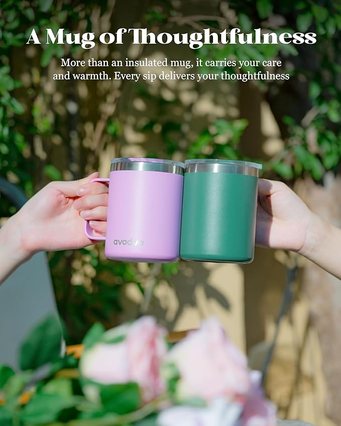 12oz Insulated Coffee Mug with Lid – Includes Two Lids, Stainless Steel Coffee Travel Mug with Handle, Double Wall Vacuum Insulated Camping Mug for Home, Office & Outdoor, Sage Green