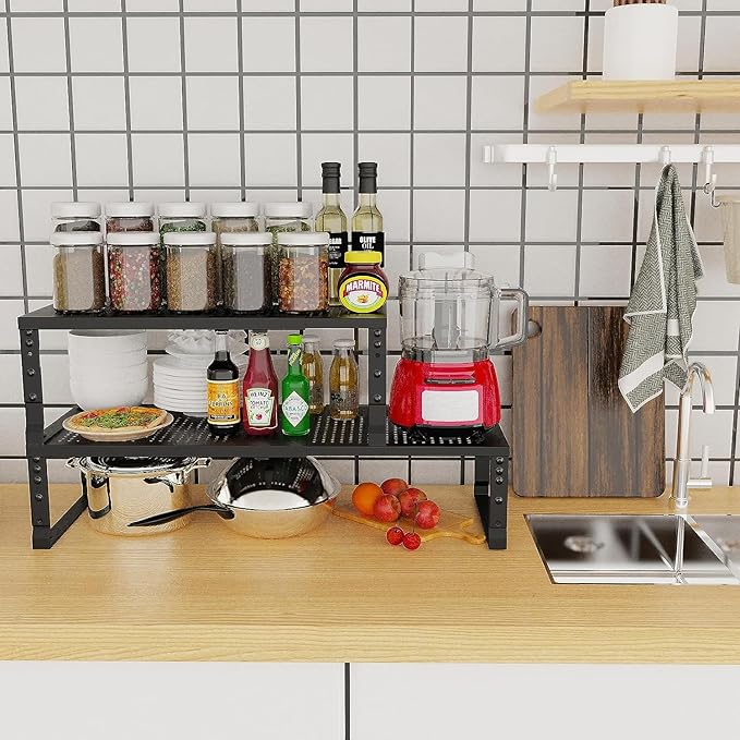 Expandable Cabinet Shelf Organizer Storage Spice Rack Shelves for Kitchen Stackable Adjustable Pantry Cupboard Bathroom Countertop Desktop(2Packs/Black/Medium-with Hole)