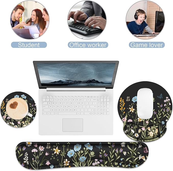 Ergonomic Mouse Pad with Wrist Rest and Keyboard Wrist Rest, Memory Foam Wrist Rest for Computer Keyboard, Easy Typing, Pain Relief, Black Mouse Pad Wrist Support for Gaming, Office, Laptop, Floral