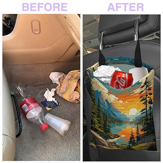 UUCBTAH Car Trash Bag Hanging Sunrise Forest Mountain Lake Car Trash Can for Back Seat Waterproof Car Trash Bin with Adjustable Straps and Drawstring for Car Accessories Vehicle Travelling Camping