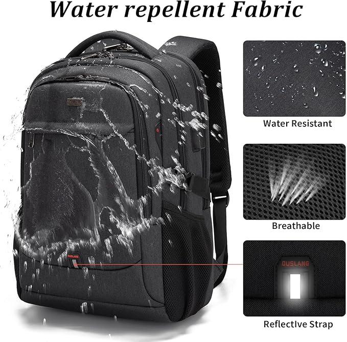 DUSLANG 17 Inch Laptop Backpack for Travel Water Resistant College Backpack for Men Women Laptop Bag with USB Charging Port and Clear Cosmetic Bag, Black